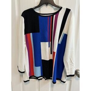Alfred Dunner XL Color Block Sweater Solid White Back Seed Beads Preowned​
